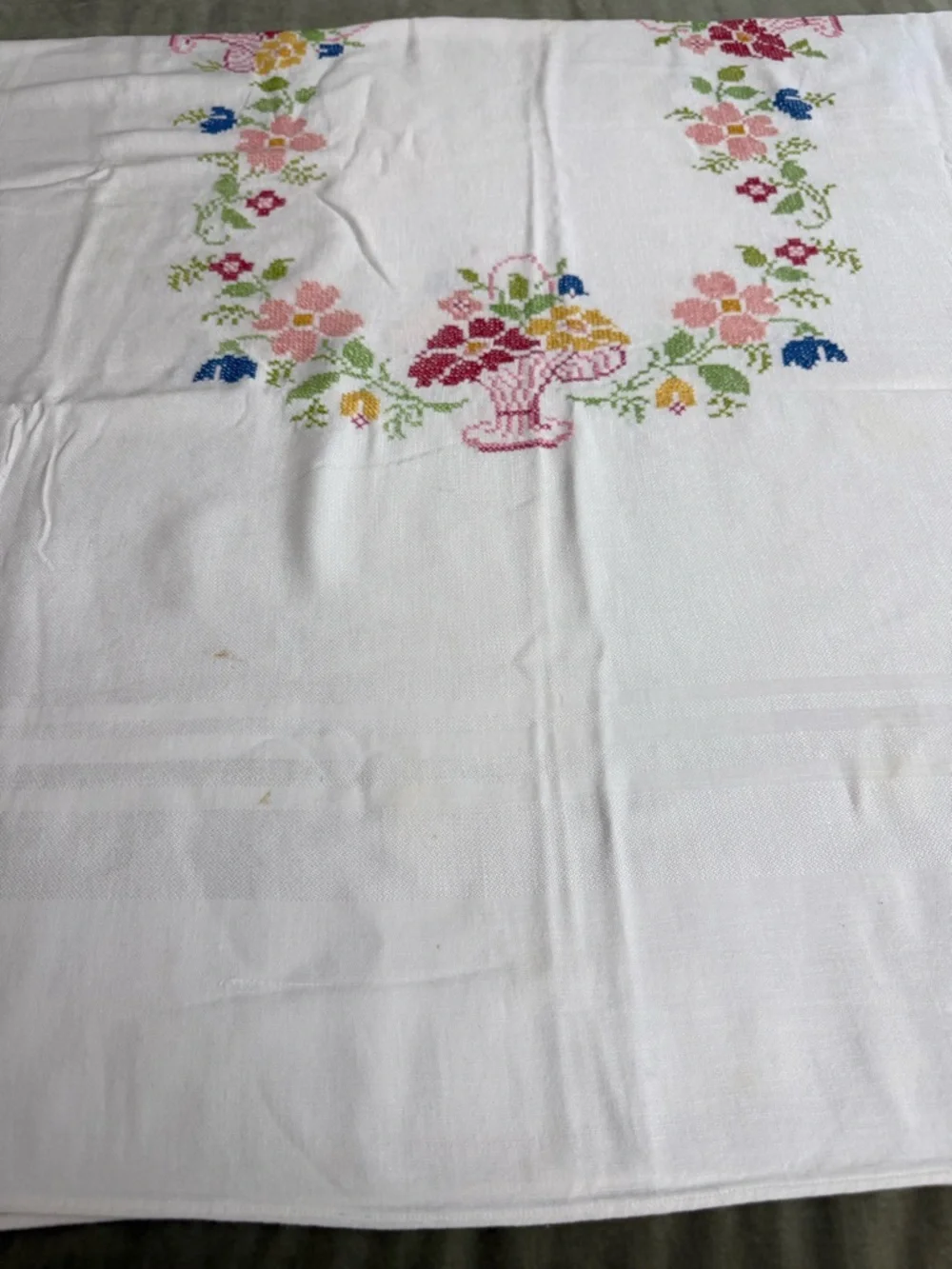 Embroidered Floral Linen Tablecloth - White with Pastel Flowers  OSK
